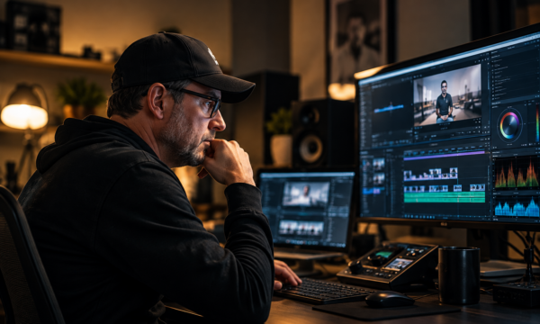 Focused Video Editor in a Moody Studio